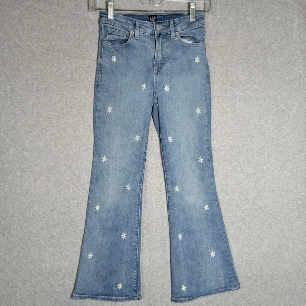 Gap 70s Flare Jeans Kids Size 10 Daisy Embroidered Hippie Boho Light Wash